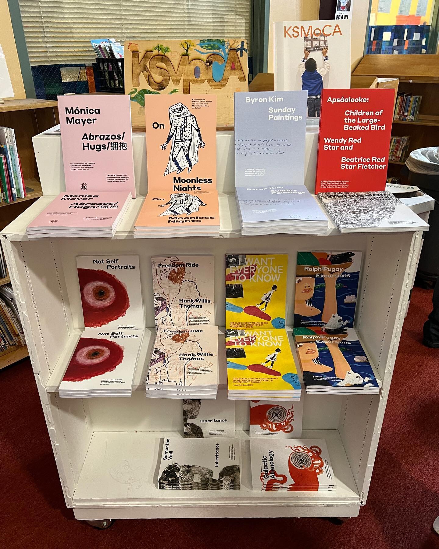 We are just starting the third and final day of @psuartandsocialpractice Assembly at KSMoCA. Join us online or in person. This is a photo of KSMoCA publications at the @mlk_school_pdx library and available for purchase online. Publications present wo