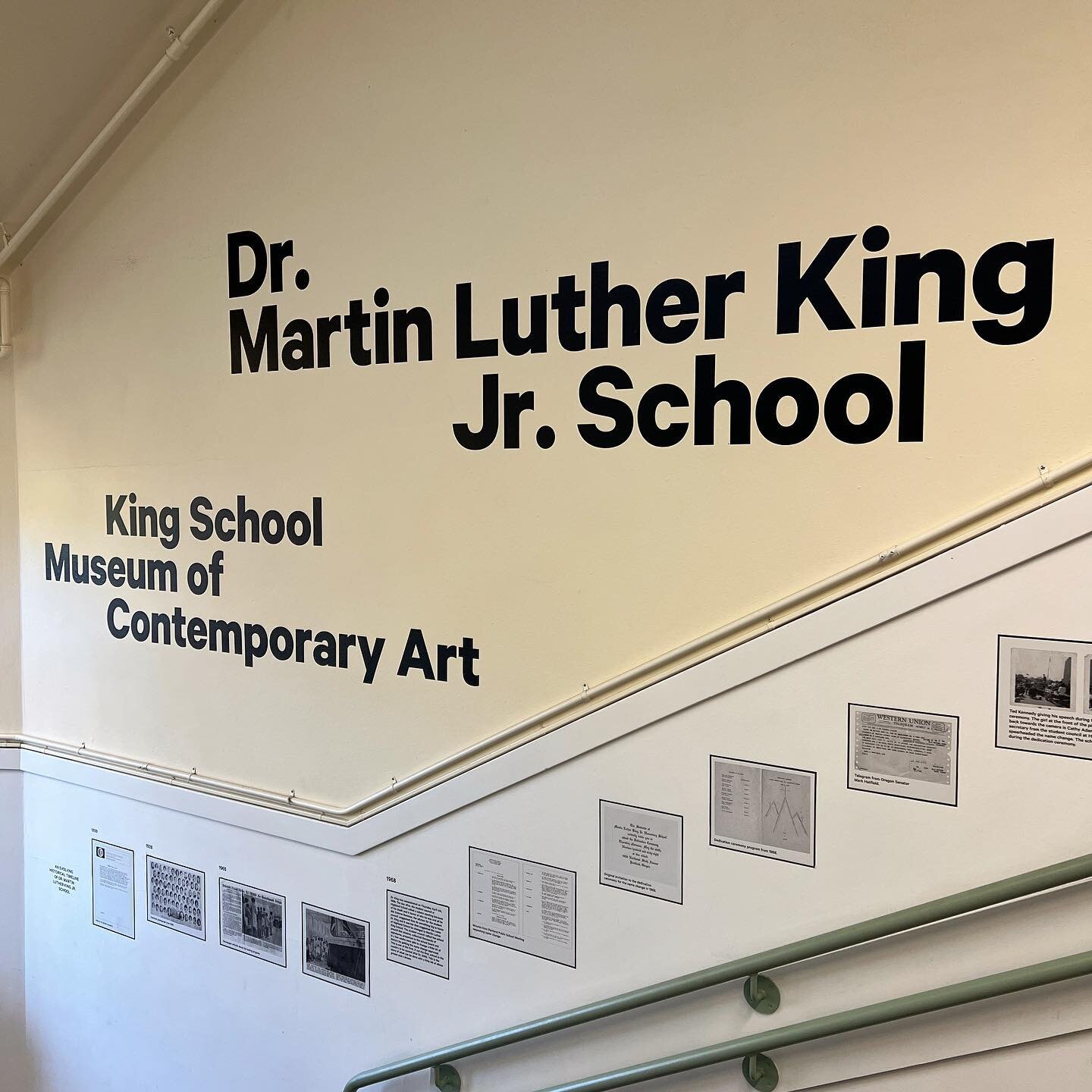 The entryway to @mlk_school_pdx and KSMoCA with selections from the in progress timeline of the school&rsquo;s history designed by @kimberlysutherland as a KSMoCA project. Dr MLK Jr School was the first public school in the country to change its name