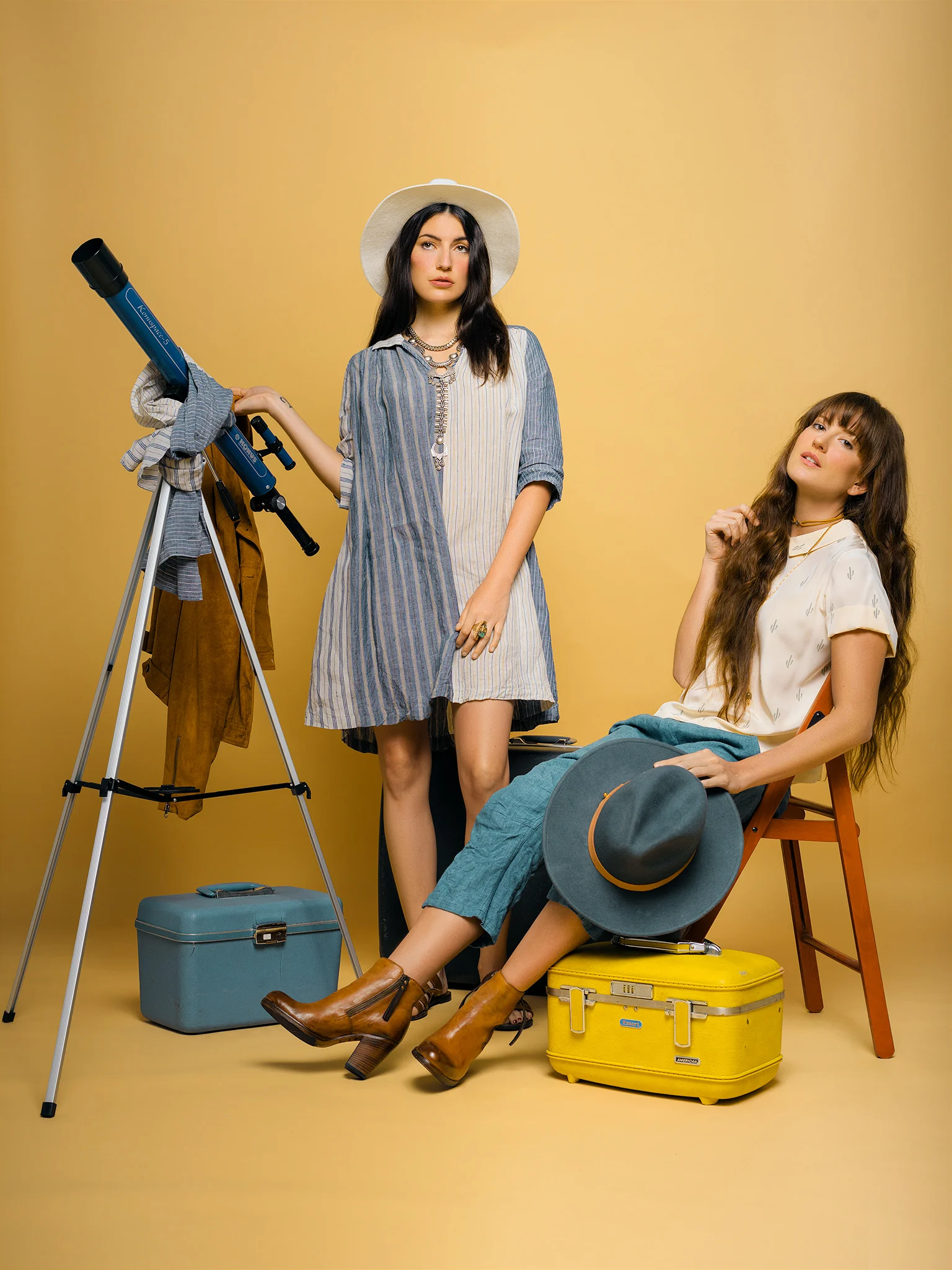 Clothing: Shop Southern Hippie Accessories (hat & jewelry): Austin Rocks Scarf & boots: Bird Boutique Vintage Luggage Set: Revival Vintage Jacket & Sandals: Stylist's Own