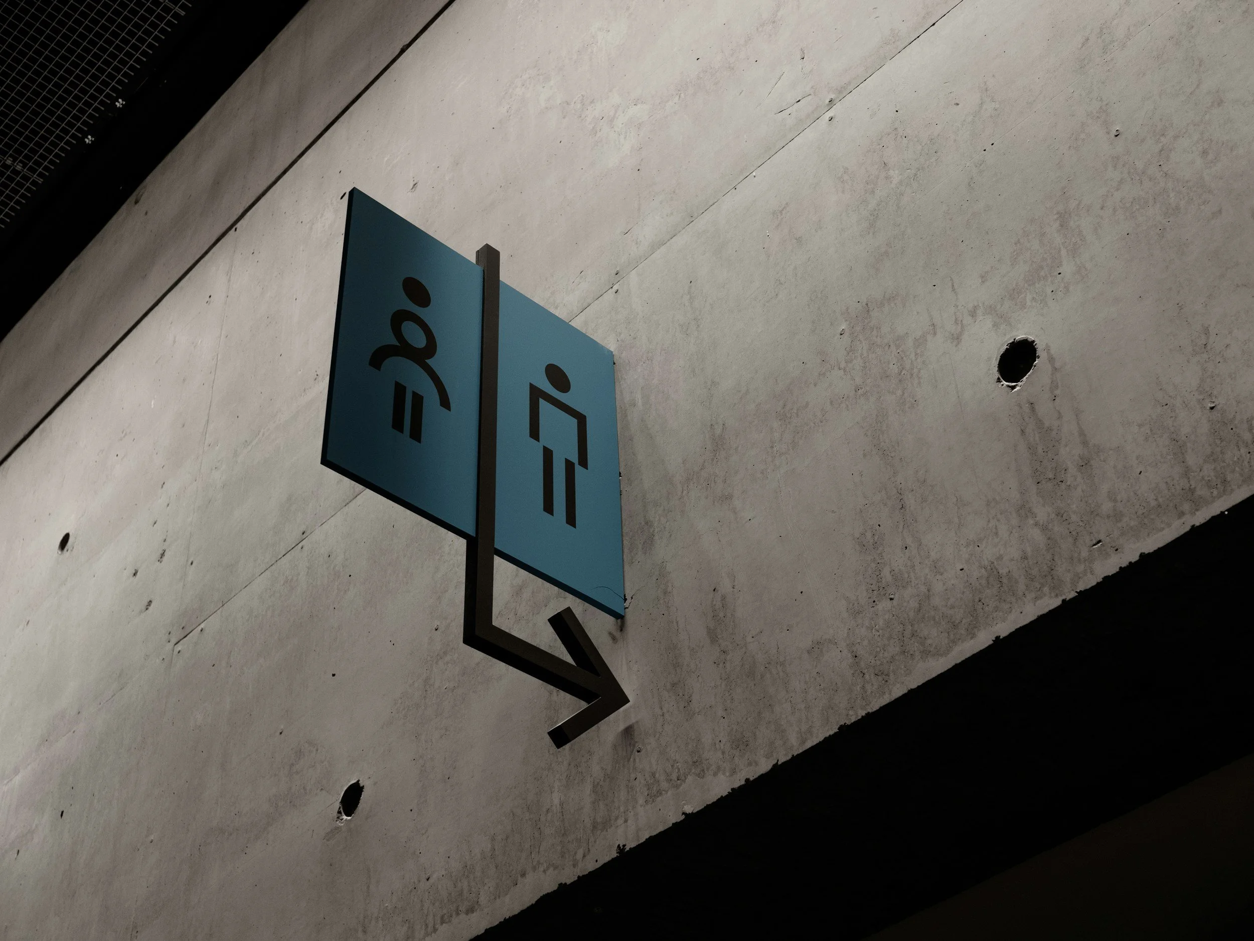 A blue directional sign with black arrows and symbols, mounted on a concrete wall, indicating directions for toilets and elevators.
