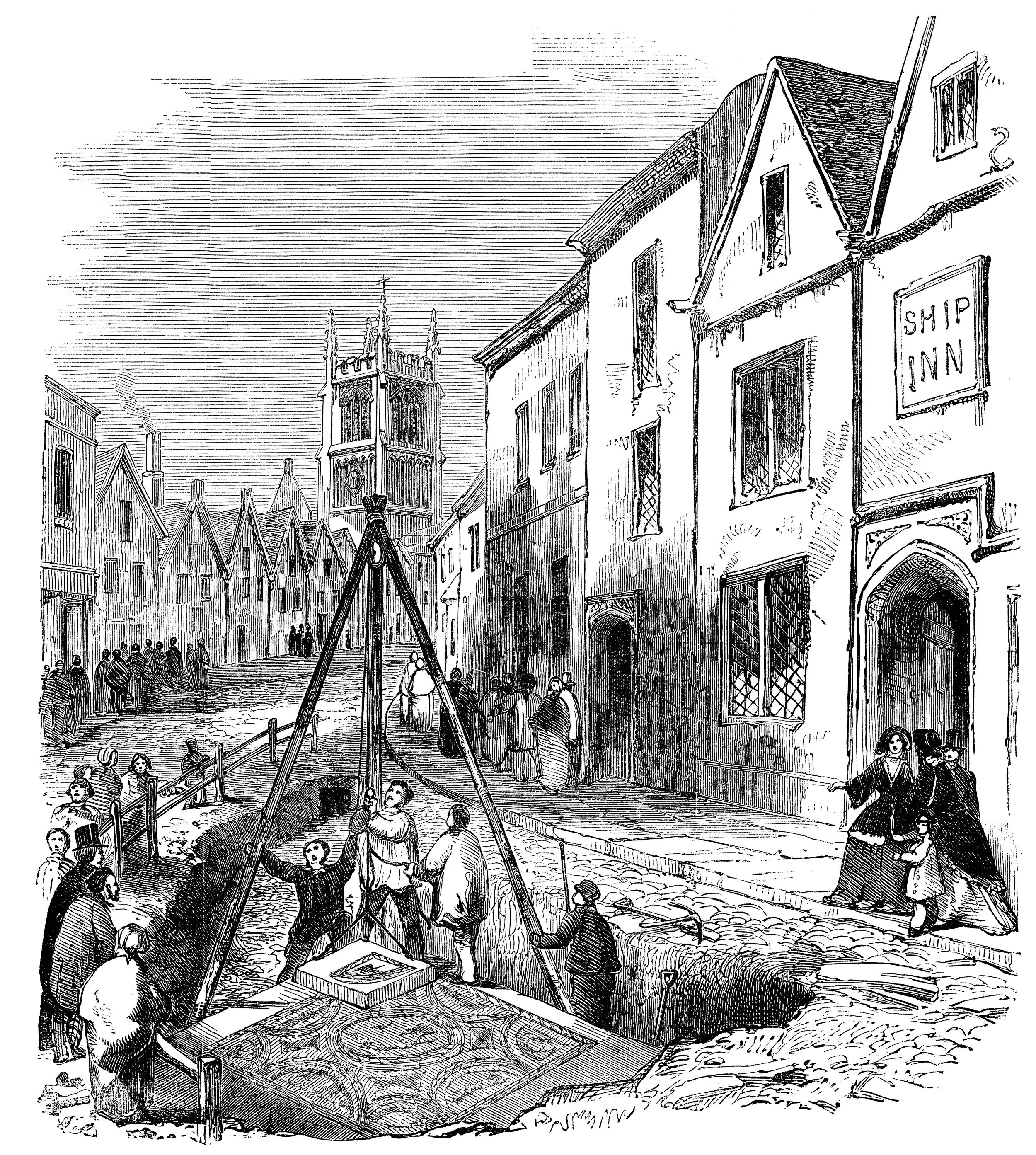 A black and white illustration of a historical street scene with buildings and a church tower in the background, people walking and standing on the street, and a well in the center of the street with some children playing around it. The scene appears to be from an old time period.