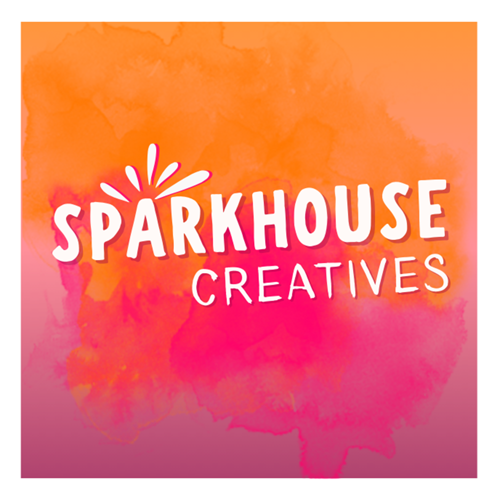 Colorful logo for Sparkhouse Creatives with orange, pink, and purple watercolor background, and white stylized text.