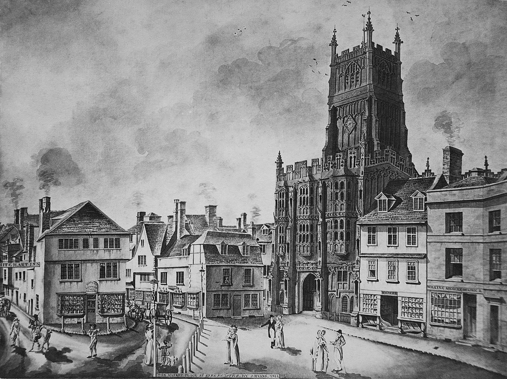 A black and white historical illustration of a street scene with a large church or cathedral dominating the background, older multi-story buildings lining the street, and several people walking or standing in period clothing, with several chimneys emitting smoke in the background.