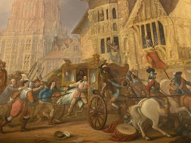A historic painting depicting a royal procession with a carriage carrying a queen or princess, surrounded by soldiers and guards, in front of grand European-style buildings.