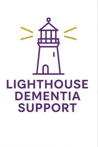 Logo for Lighthouse Dementia Support featuring a purple lighthouse with yellow accents and text.