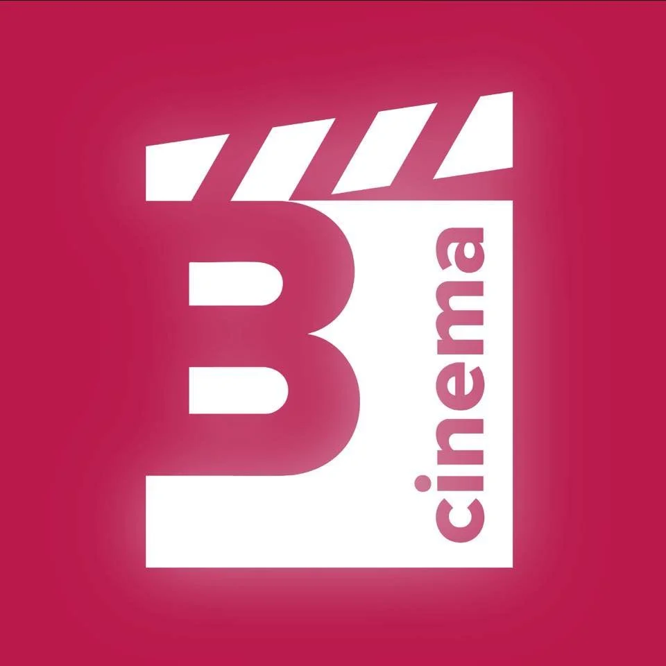 Pink background with a white square logo featuring the words 'B4 cinema' in bold, modern font, with 'B4' stylized to resemble a film clapperboard.