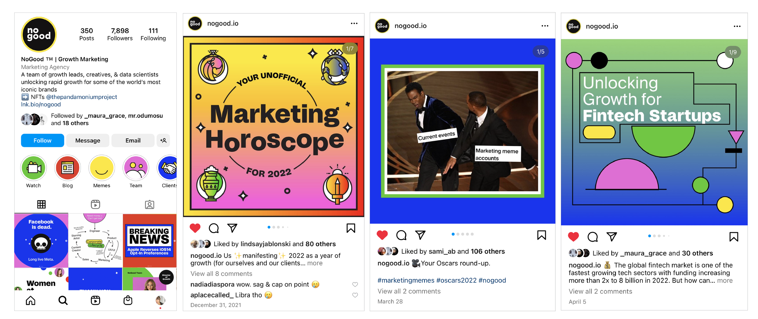 We started to define the brand's voice in movement, creating a reel highlighting client work and the impact the Creative team was making. It was a main feature on the new Studio page on NoGood's site.