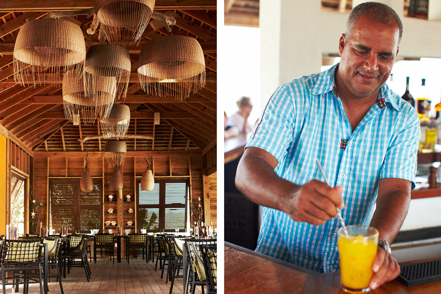  SPICE MILL RESTAURANT + OWNER ROGER BRISBANE STIRRING A TING-AND-PASSION-FRUIT PUNCH 