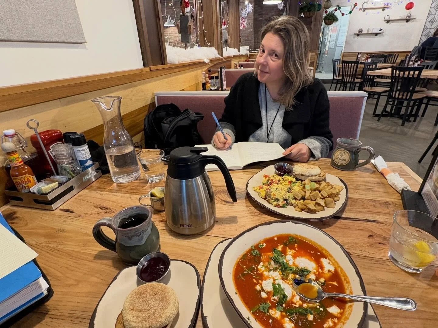 Loving a good deep strategy conversation with home breaking the fast aka breakfast! Her with my long-time connection, Heather. Getting ready to dive into Shakshuka, that wonderful and spicy dish from the Middle East! #breakfast #itswhatsforbreakfast 