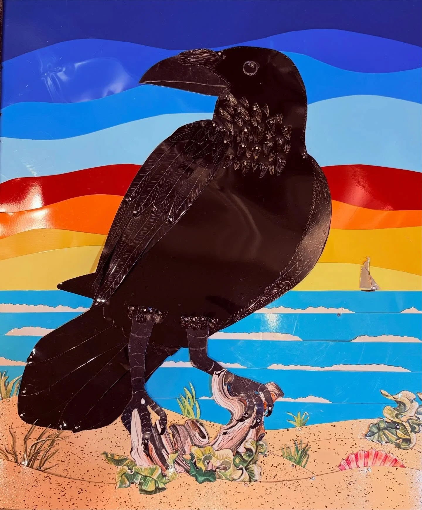 Very cool Tin Collage by @emily_wamsley gifted to me by my daughter @blackdiamondbree , Raven on the Dunes! #raven #art #beauty #seeingtrue #ronaldchapman