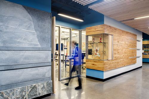 Classrooms feature locally harvested/salvaged slatted wood wall & stone panels quarried in VA. These tell geologic & natural history of region & create tangible connections between curriculum & place.