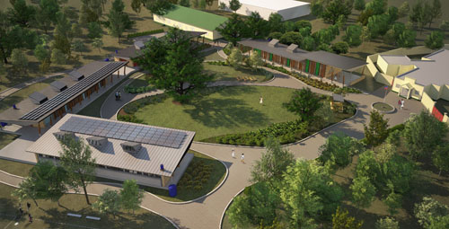 Pods of classrooms, with rooftop photovoltaic panels,  frame two majestic mango trees in a landscaped courtyard