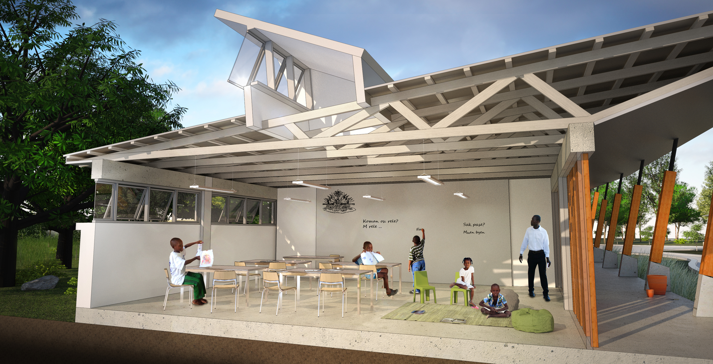 Rooftop monitors above each classroom provide daylight and facilitate natural ventilation