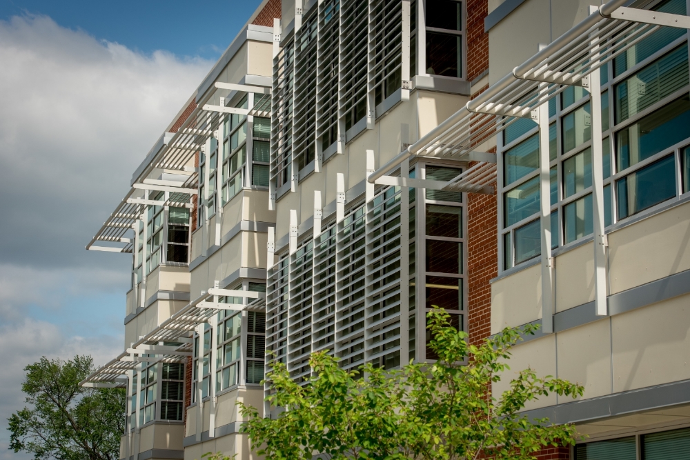 Exterior shading on the south-facing façade was optimized through iterative energy modeling and analysis to reduce energy consumption and minimize unwanted glare in the learning environment.