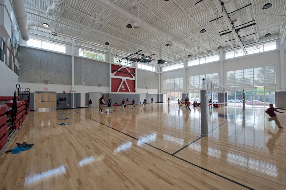 High-bay LED lights are rarely used in the shared use gymnasium which is naturally daylit by clerestories and well-shaded south-facing glazing.