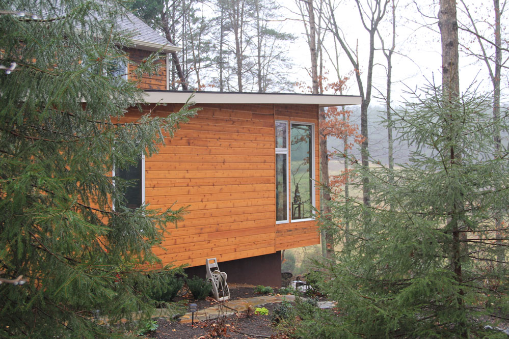 Young Hemlock trees frame the addition which is clad in shiplapped cedar siding.