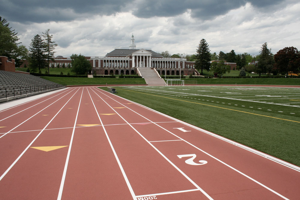 A state-of-the-art eight-lane track encircles the artificial turf football field.
