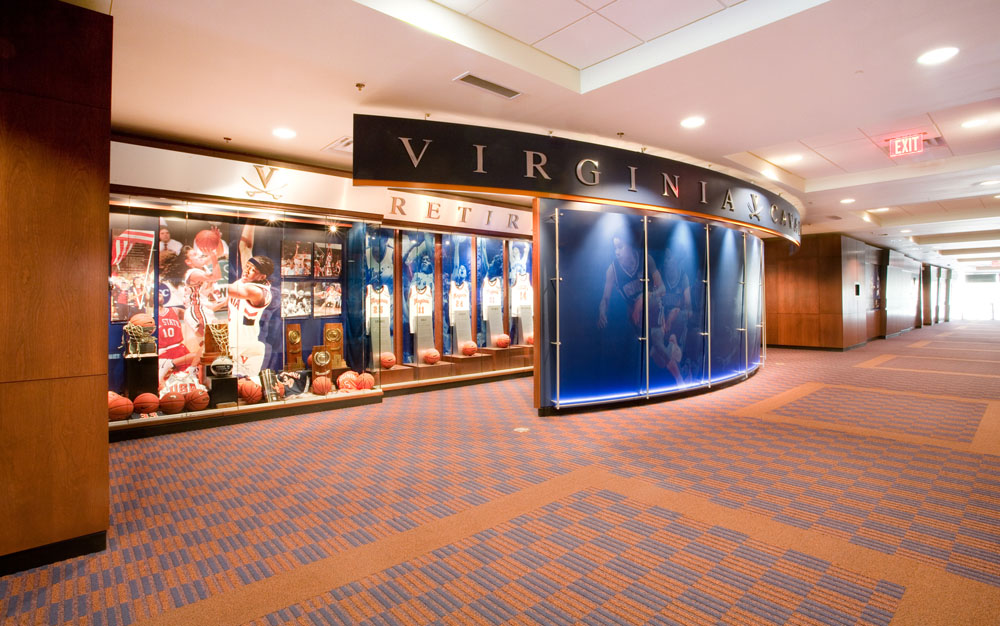 Retired jerseys and sports memoribilia line the public concourse outside the men's and women's basketball coaches' offices.