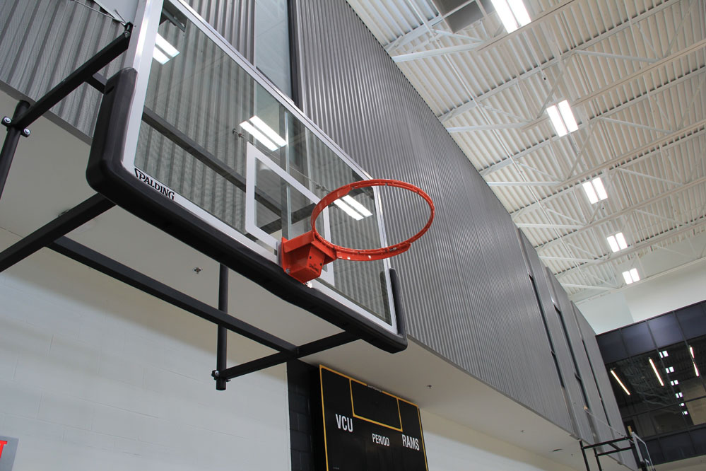 Energy-efficient LED lighting provides competition-level lighting in the practice gyms.