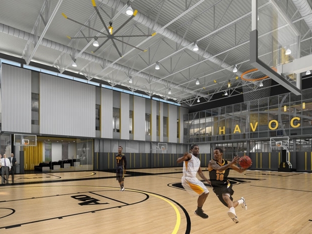 High-volume low-speed destratification fans reduce the building's energy use and increase comfort levels in the practice gym.