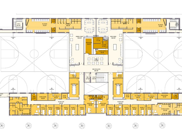 The second floor plan illustrates how the various team facilities surround the practice gyms--the heart of the facility.