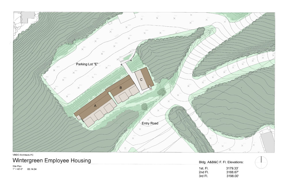 The facility is organized into two residential buildings and a support facility with a lounge and a resident manager's apartment.