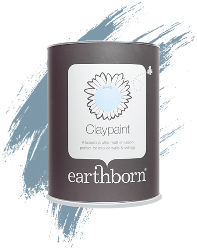 Earthborn Claypaint 5L tin with a brushstroke of clay paint