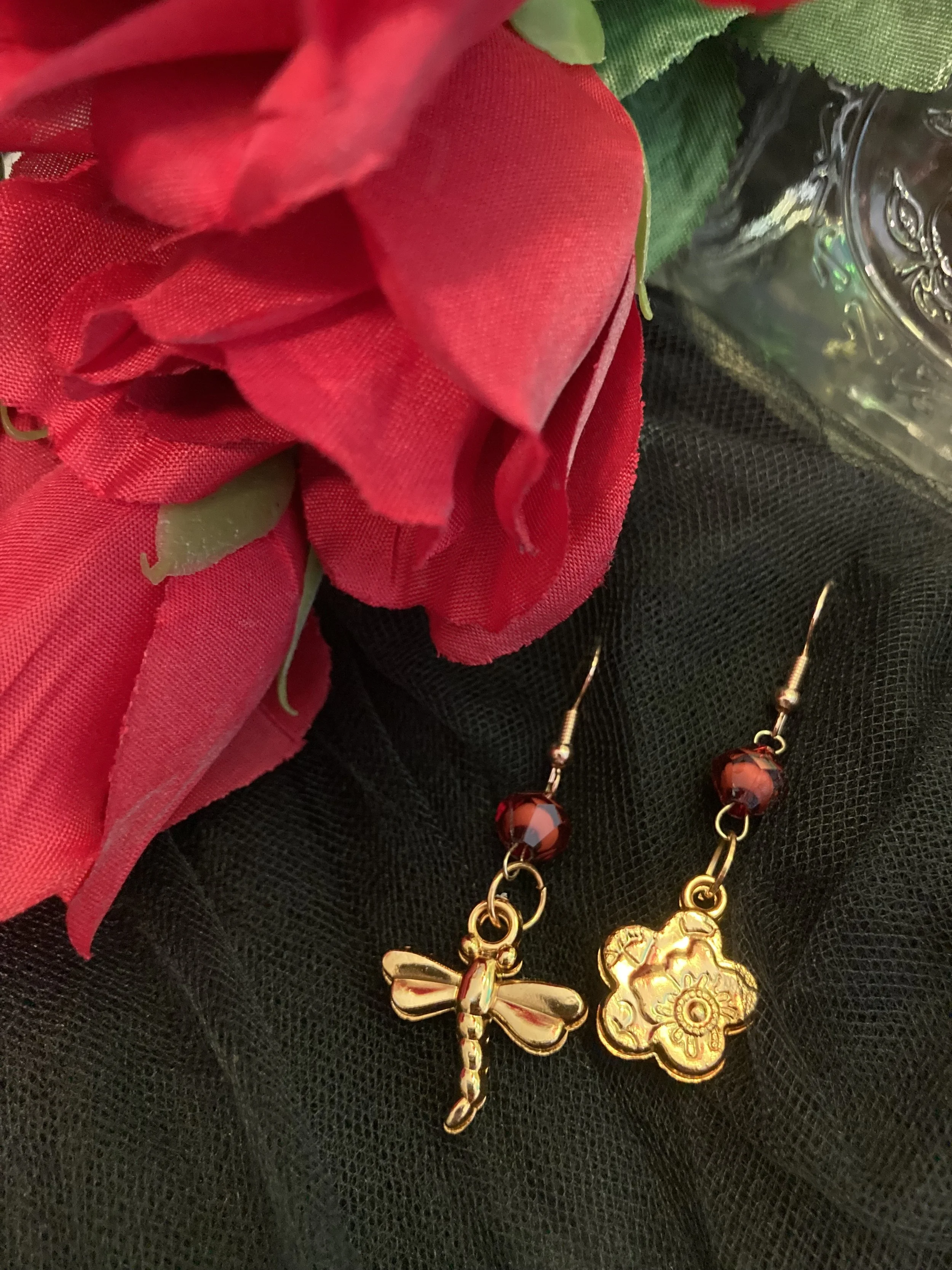 red gold earrings flower and fragonfly.jpg