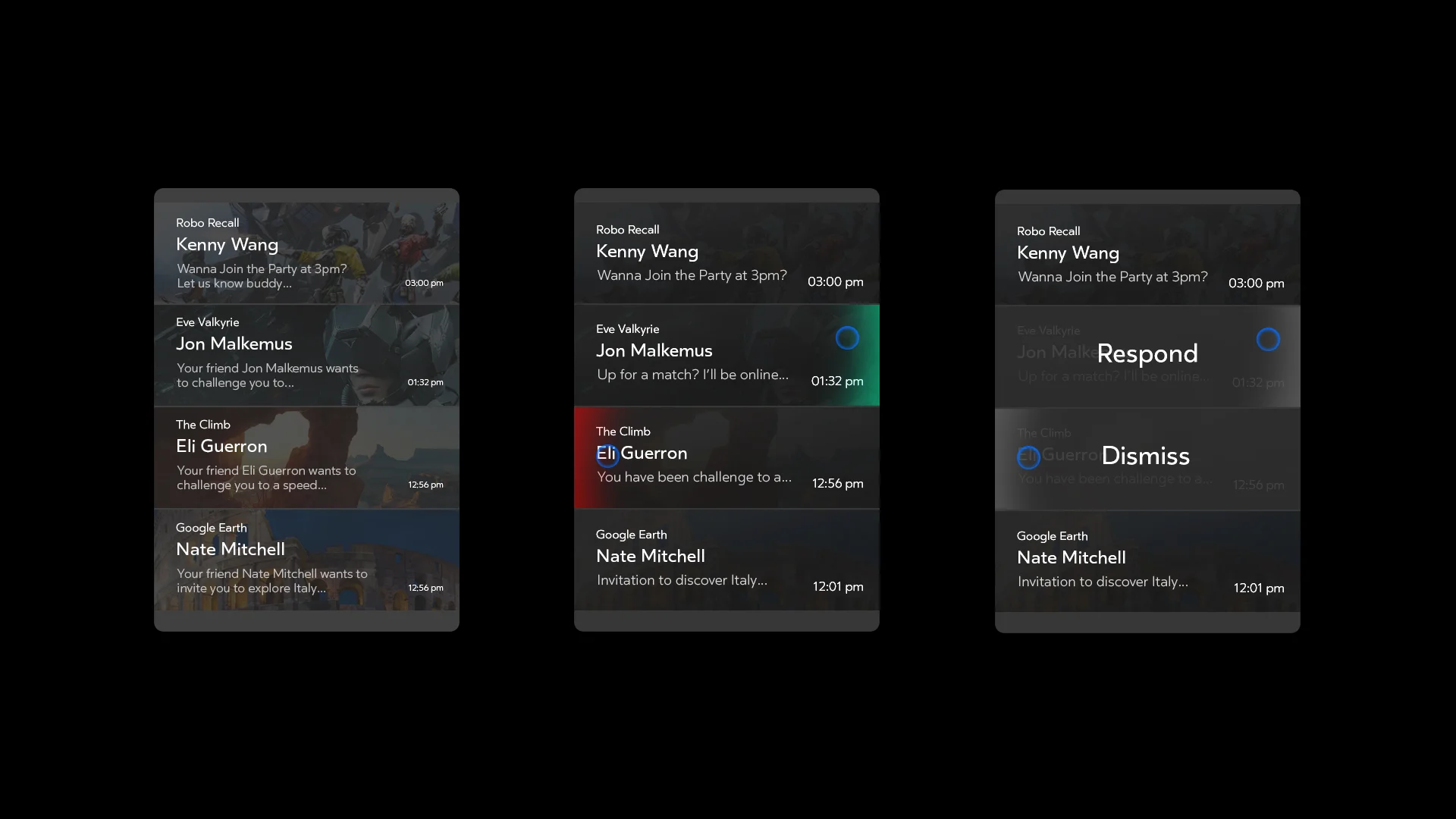 Different variations of the notifications panel with actionable items and its states.