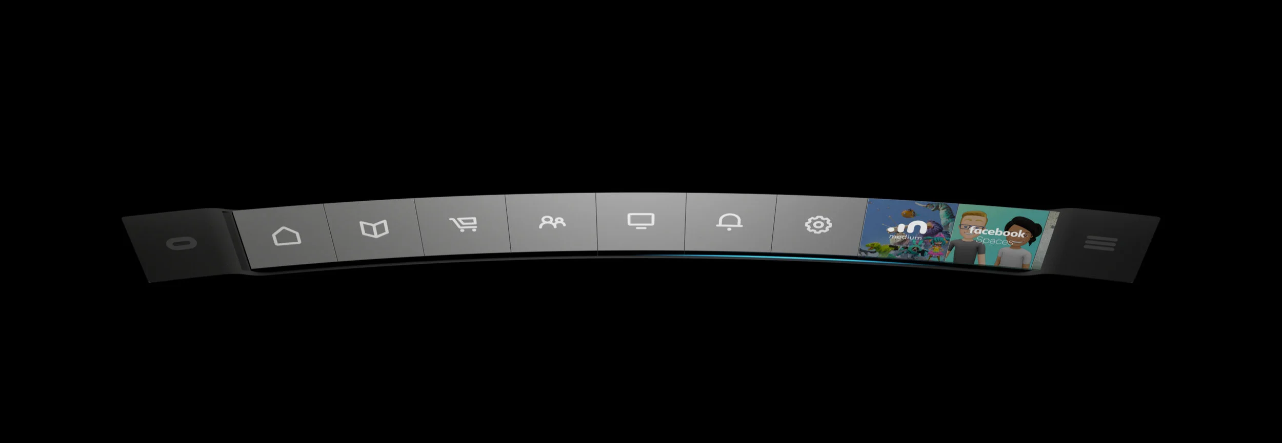 Final design for the Belt with buttons for System Icons, Experiences, and Desktop Apps.