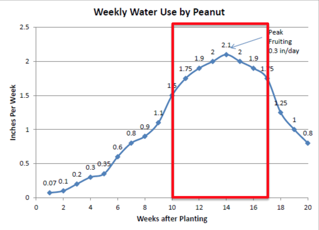 Figure 2. UGA Checkbook Method for Peanuts. Eighteen of the recommended twenty-three inches of water are needed in weeks 10 - 17 (red box). Image credit: UGA’s 2015 Peanut Update