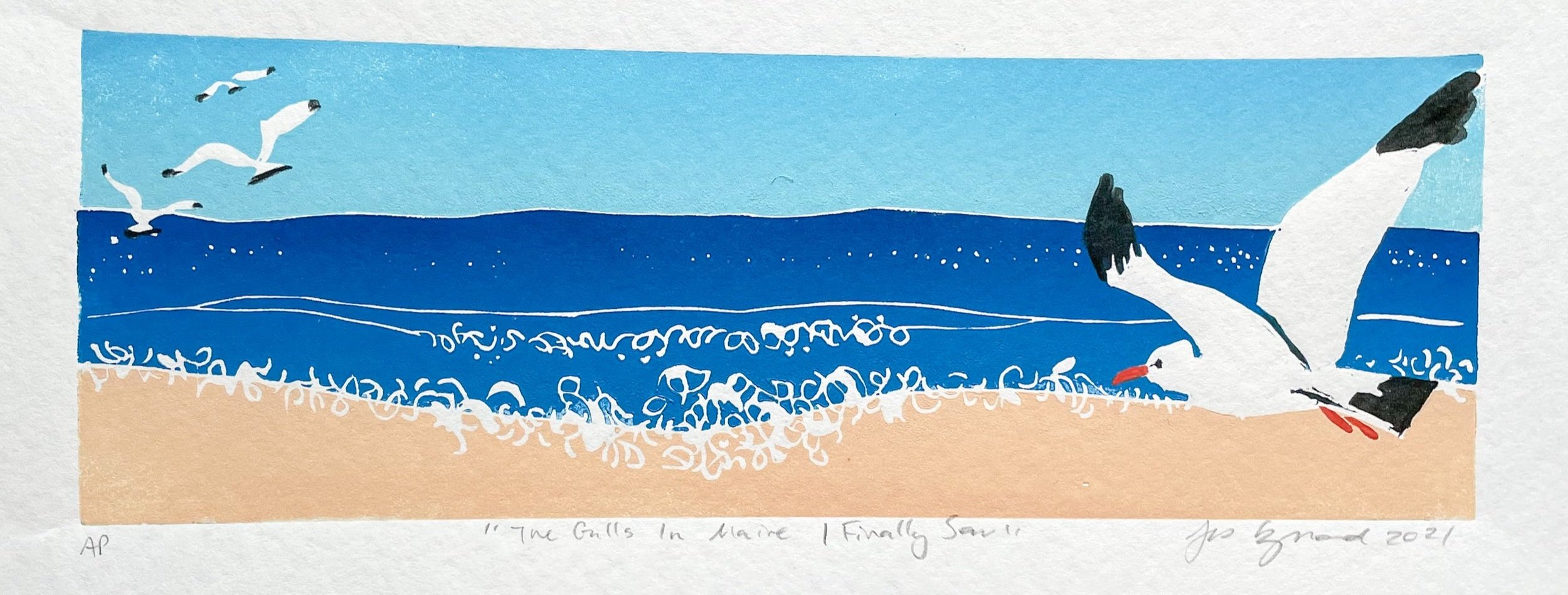 "THE GULLS IN MAINE I FINALLY SAW"
jigsaw linocut 4" x 12"