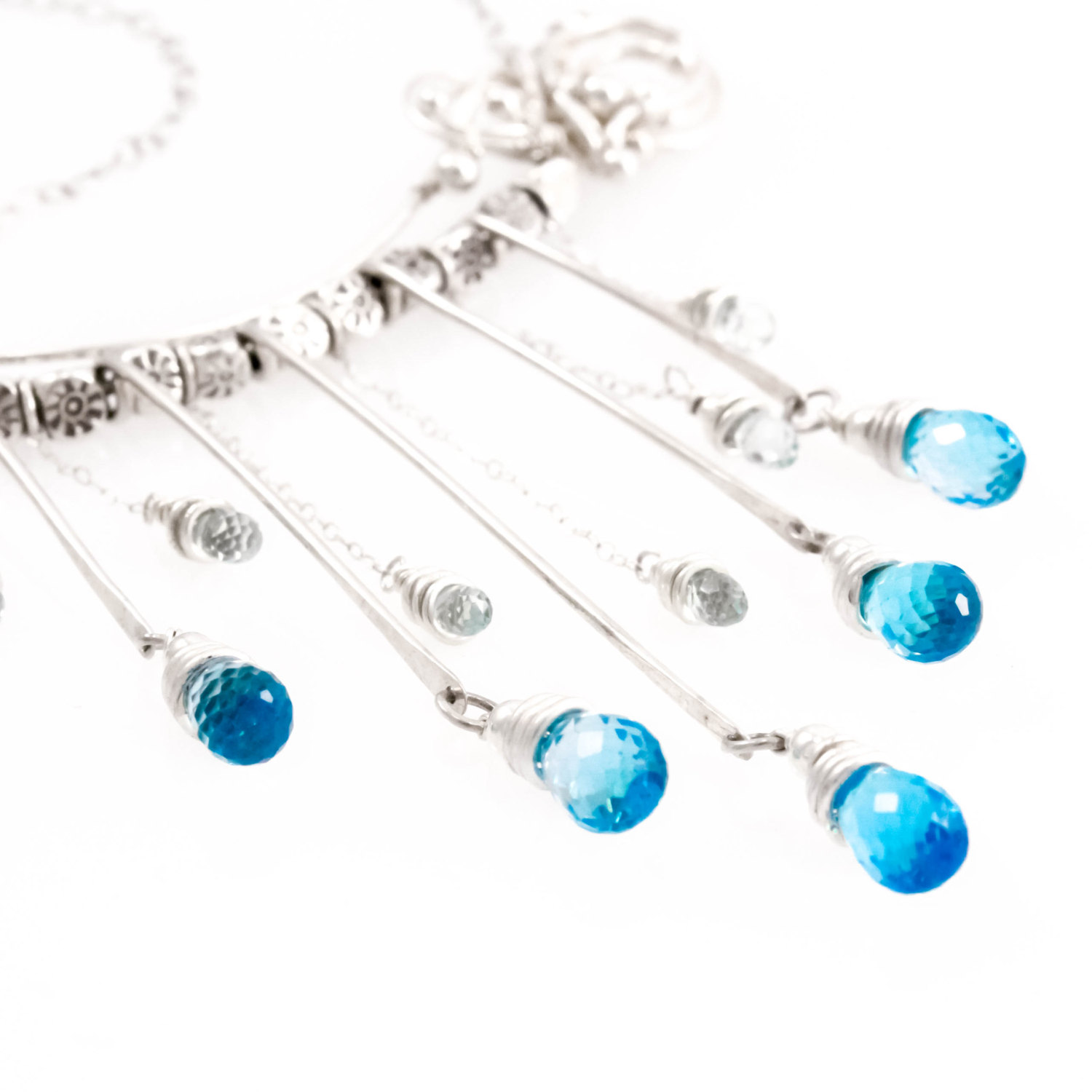 Swiss blue topaz, necklace, sunshower, wire woven unique tribal necklace by Sabrinah Renee