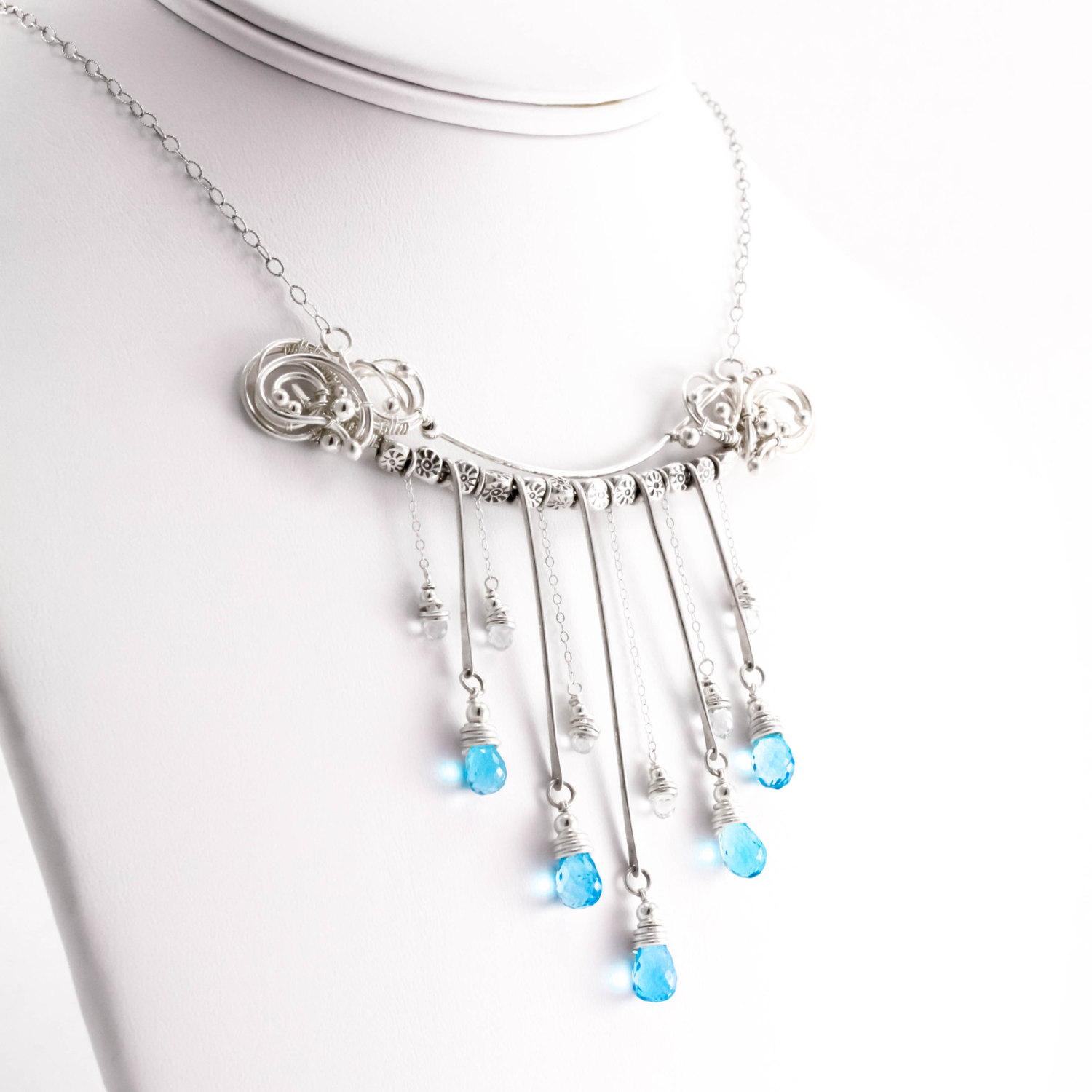 Swiss blue topaz, necklace, sunshower, wire woven unique tribal necklace by Sabrinah Renee