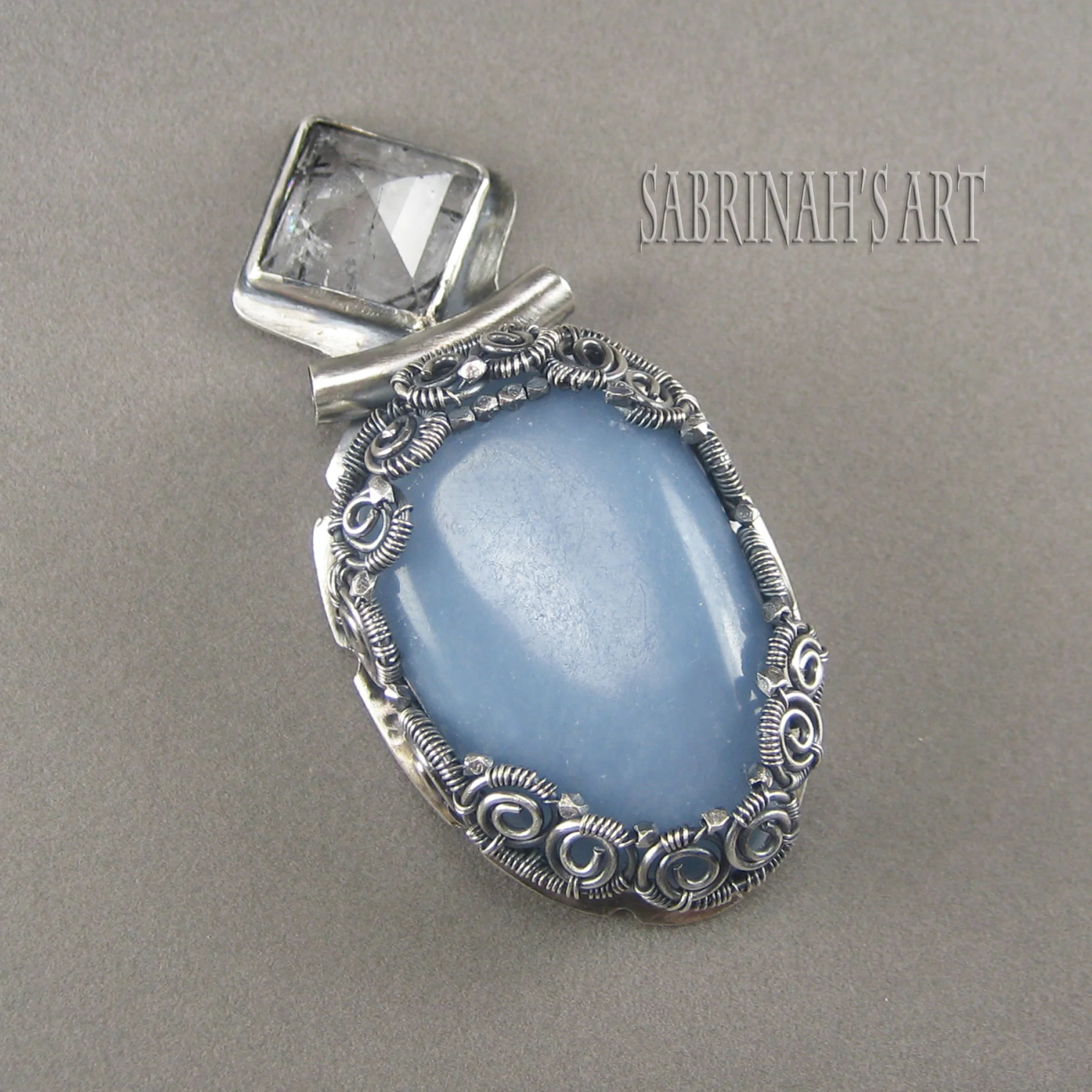 Angelite & Tourmalinated Quartz Pendant