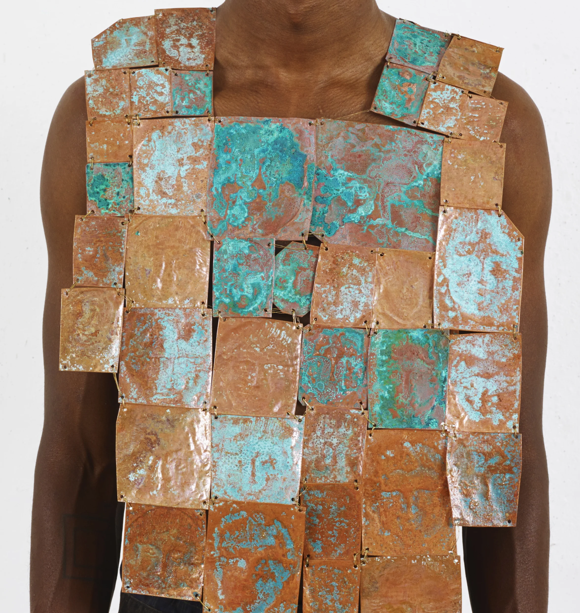 Copper plates with grave stone rubbings and salt patina.