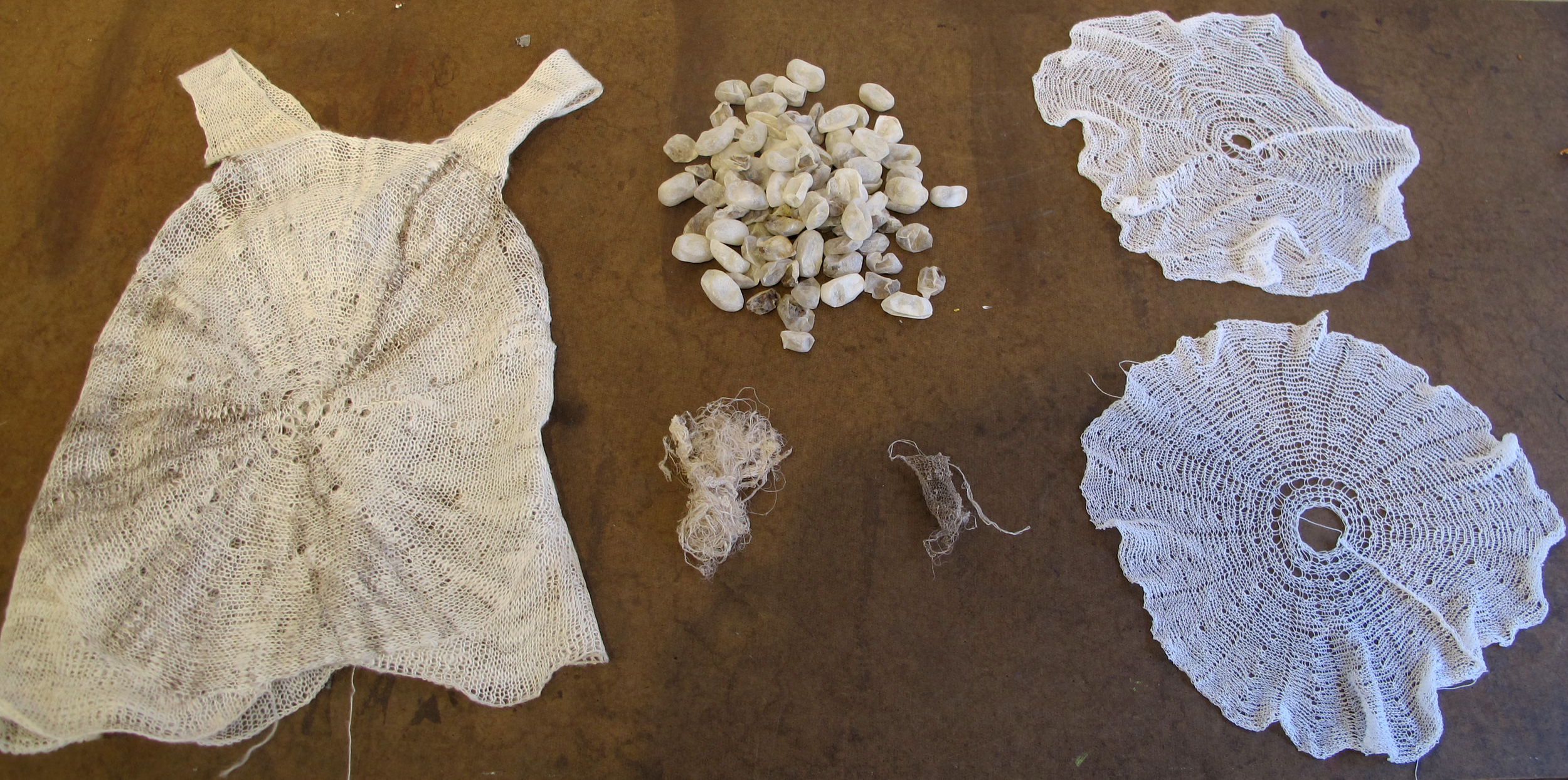 1,000 silkworm cocoons unwound and spun into yarn with hair and knit into a circle shirt.
