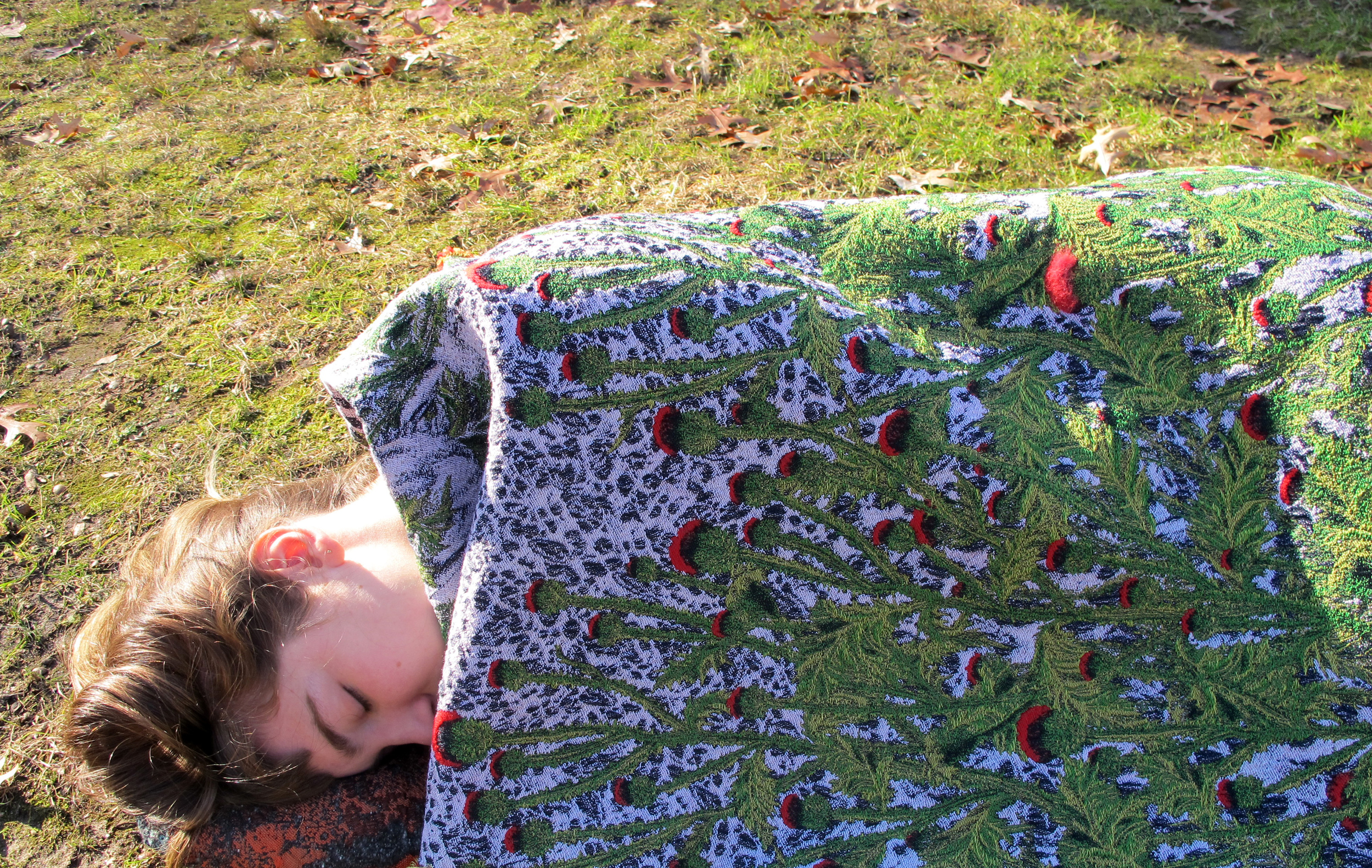 Thistle Jacquard Blanket. Wool and rayon with needle-felted wool.