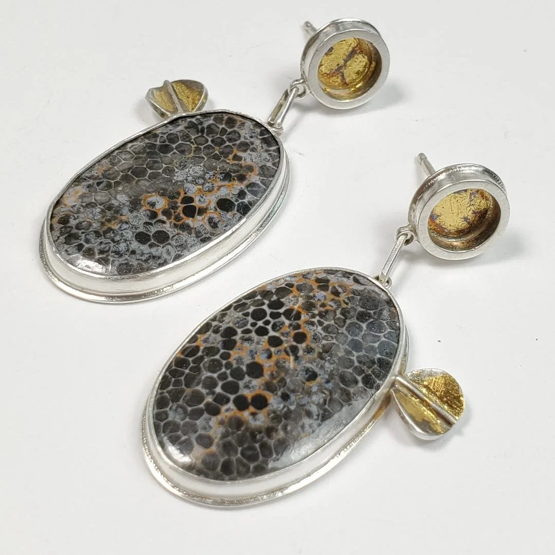 Petrified wood and keumboo earings.