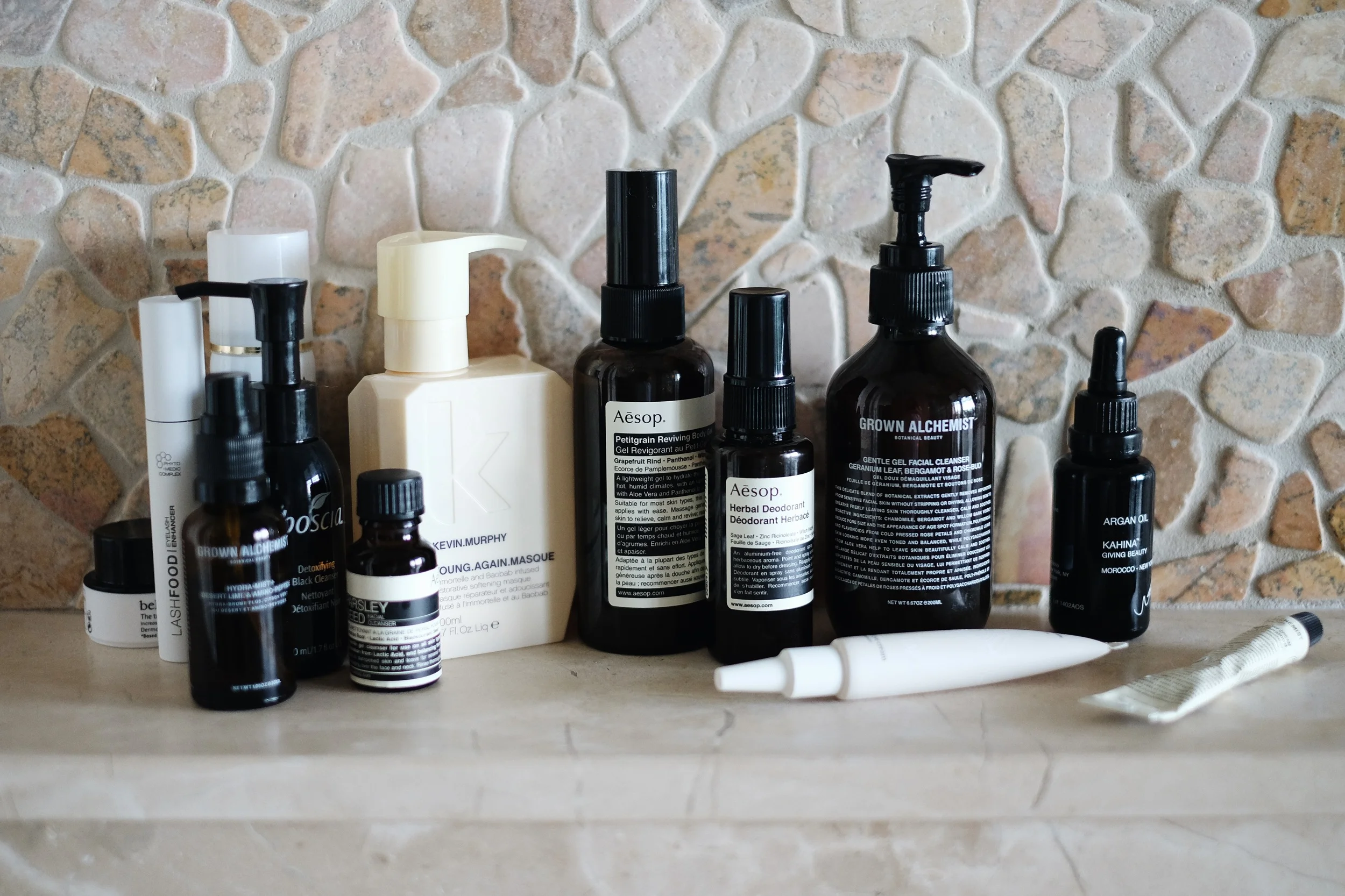 BELIF Aqua Bomb / LASHFOOD Lash Enhancer / GROWN ALCHEMIST Hydra-Mist / BOSCIA Detoxifying Cleanser / AESOP Parsley Seed Cleanser / KEVIN MURPHY Hair Mask / AESOP Petitgrain Body Gel and Herbal Deodorant / GROWN ALCHEMIST Gentle Cleanser / KAHINA BEAUTY Argan Oil / CREMORLAB Eye cream / GROWN ALCHEMIST Day Cream My beauty essentials at home, and when I travel. The AESOP Petitgrain Body Gel is one of the best things you can do for your skin after spending too much time in the sun.