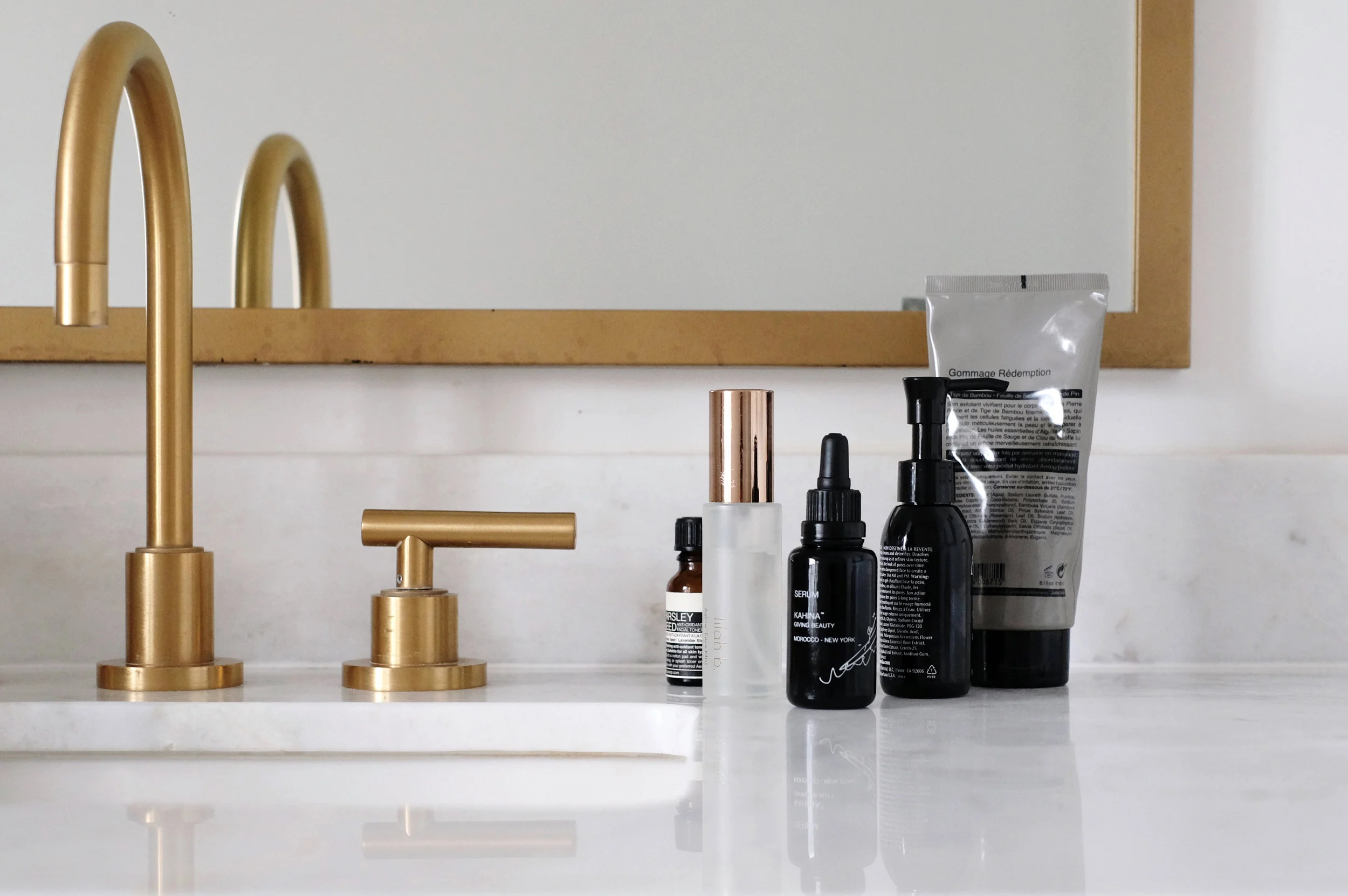 LILAH B. Face Mist / KAHINA BEAUTY Serum / BOSCIA Facial Cleanser (Better for dry skin here ) / AESOP Body Scrub