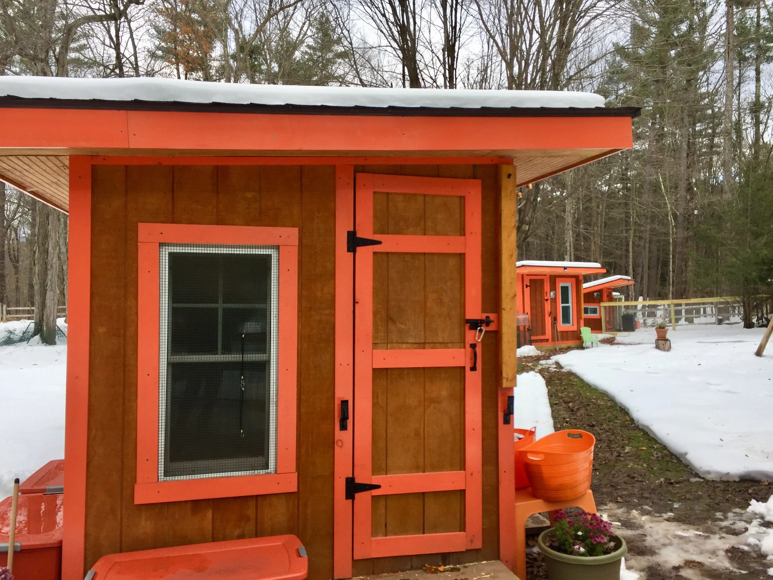 Insulated and winterized, heated and cozy! A view of three coops in our first snowfall for Winter 2018-2019.