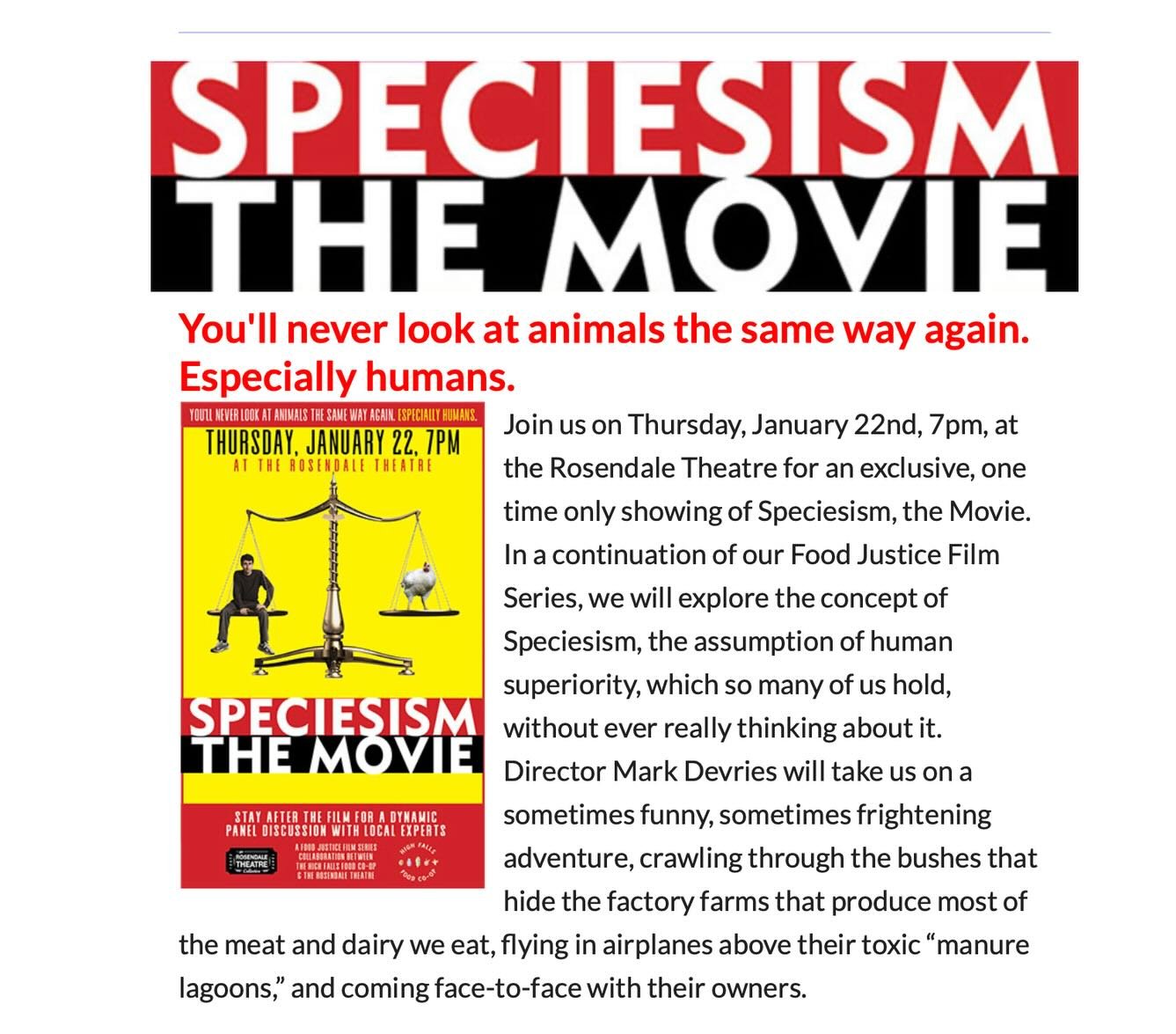 Save the date:
January 22nd, at 7pm
Rosendale Theater

Rebecca of @instituteforanimalhappiness and @happycartvegan is thrilled to be taking part with a lot of great folks in this screening and panel discussion on the movie, &ldquo;Speciesism.&rdquo; 
