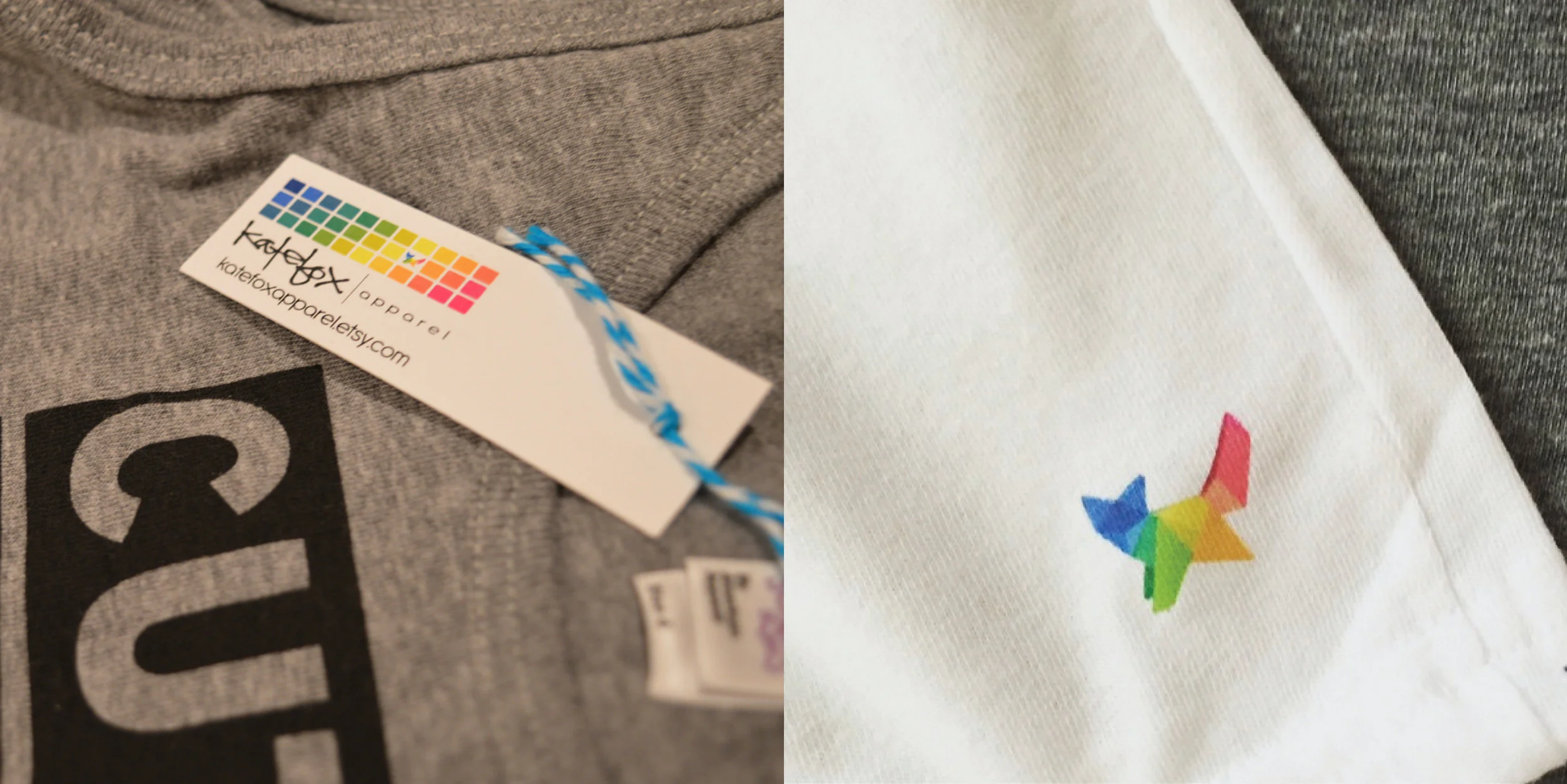 Tag example as well as screen printed logo on a shirt