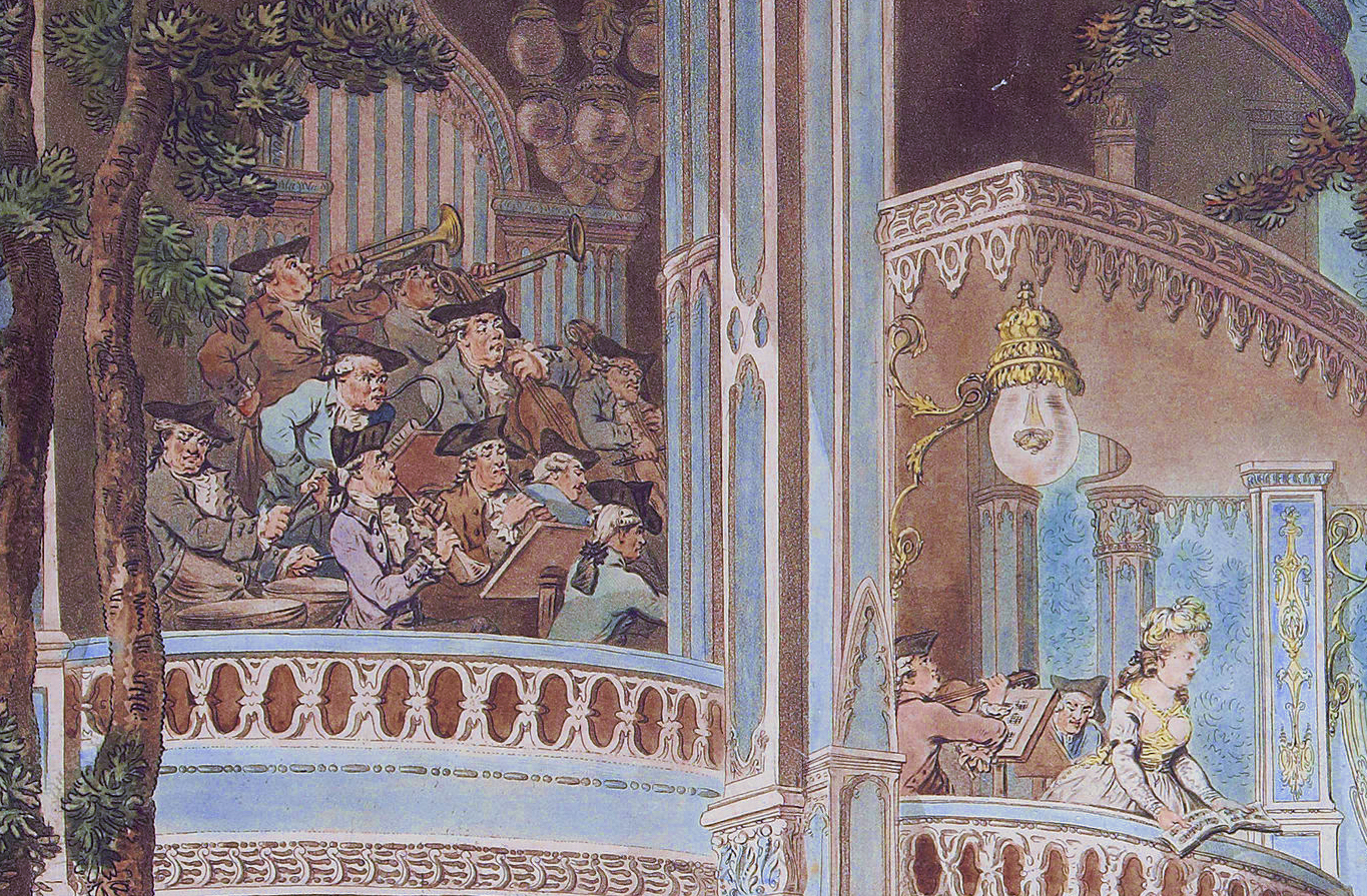 Detail from Vauxhall Gardens, engraving after Thomas Rowlandson (c. 1785). The original painting at the V&A also shows the musicians in un-matching coloured coats, though it is somewhat faded.