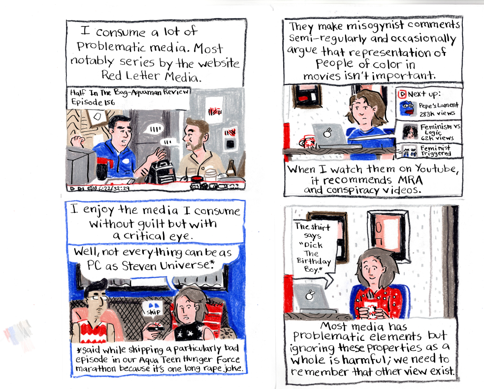 The site I refer to in the comic is called Red Letter Media, and the TV show I refer to in the third panel is Aqua Teen Hunger Force.