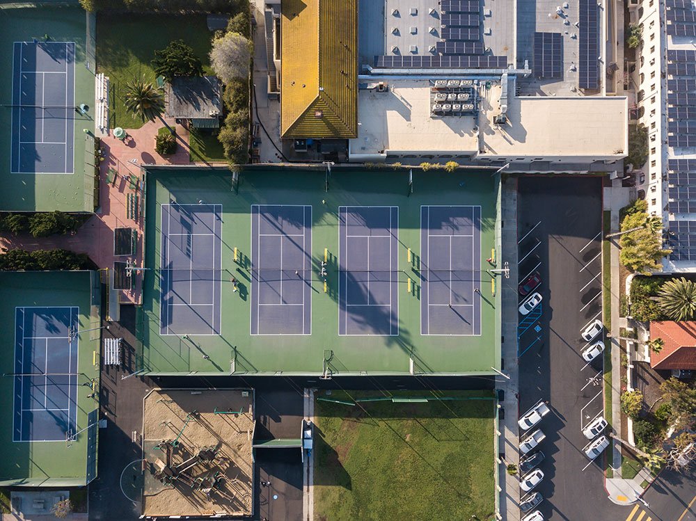 Aerial perspective of community center.