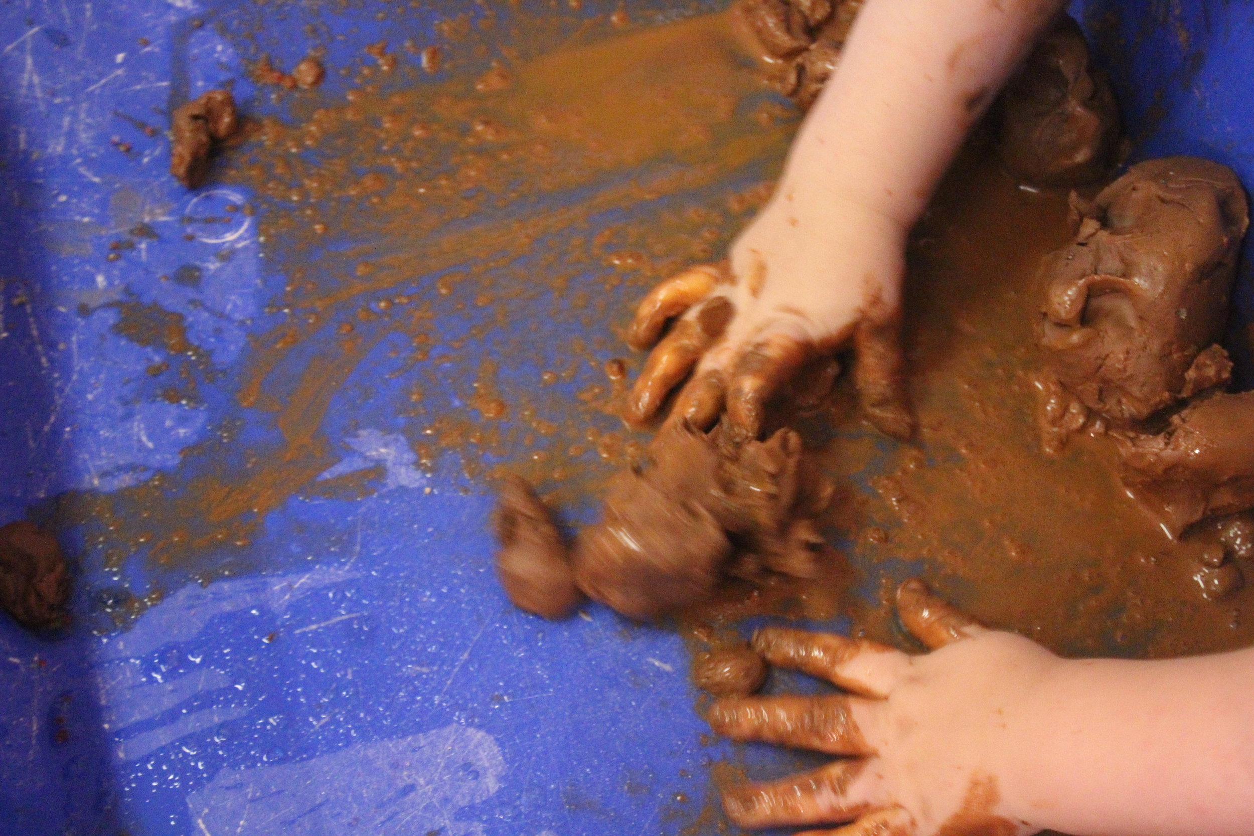  We continued our exploration of clay with water and allowed only allowed the children to use forks with the materials. This really lets them strengthen their fine motor skills.&nbsp;  "Wet!"&nbsp;  "Ahhh!"&nbsp;  "Brown!"&nbsp;  "Hahahaha" 