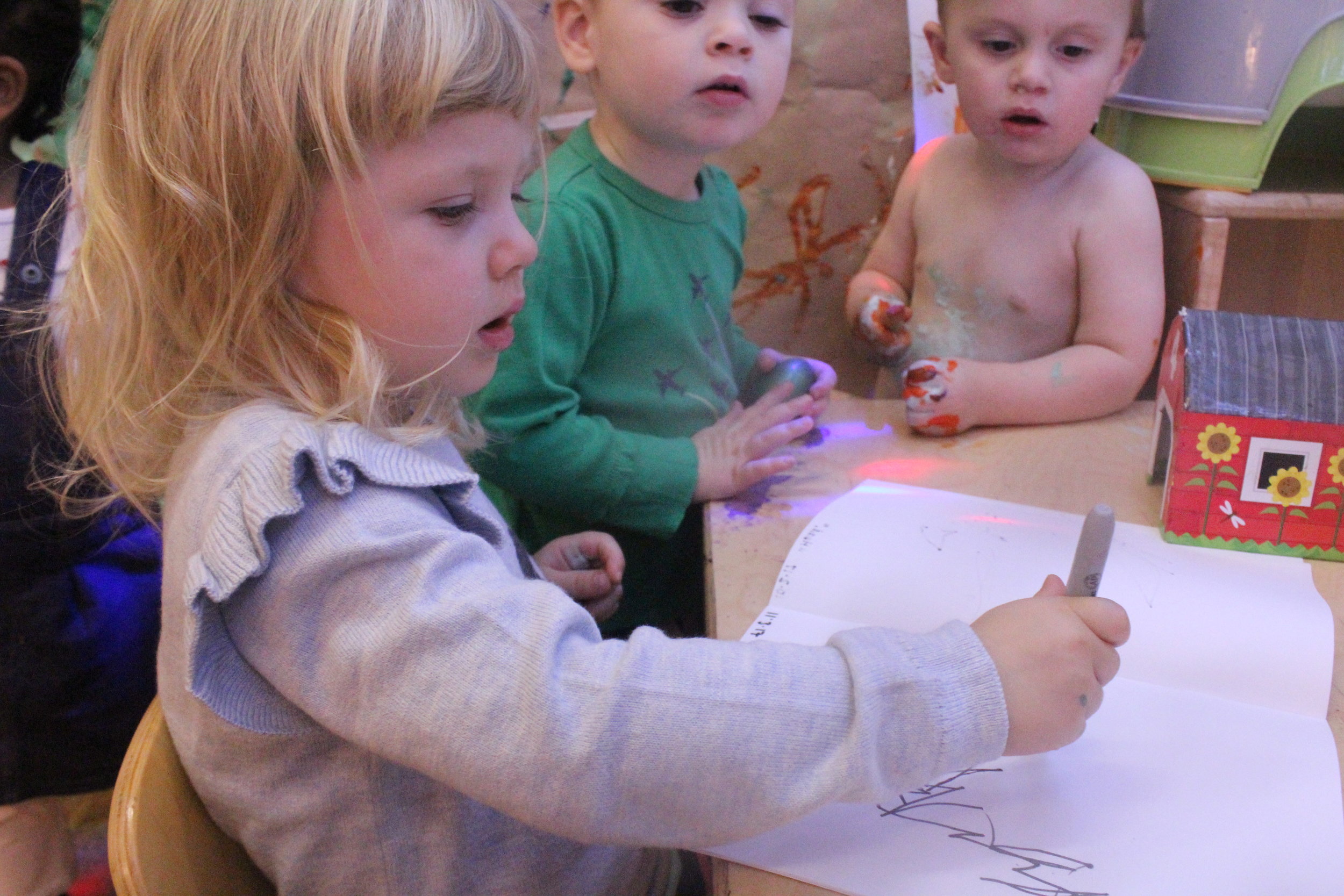  Exploring our identity and self portraits. Self portraits are wonderful tools for pre-literacy skills. The children are gaining fine motor control and we are tracking their shift from drawing dots on a page, to lines, to more circular movements, to 