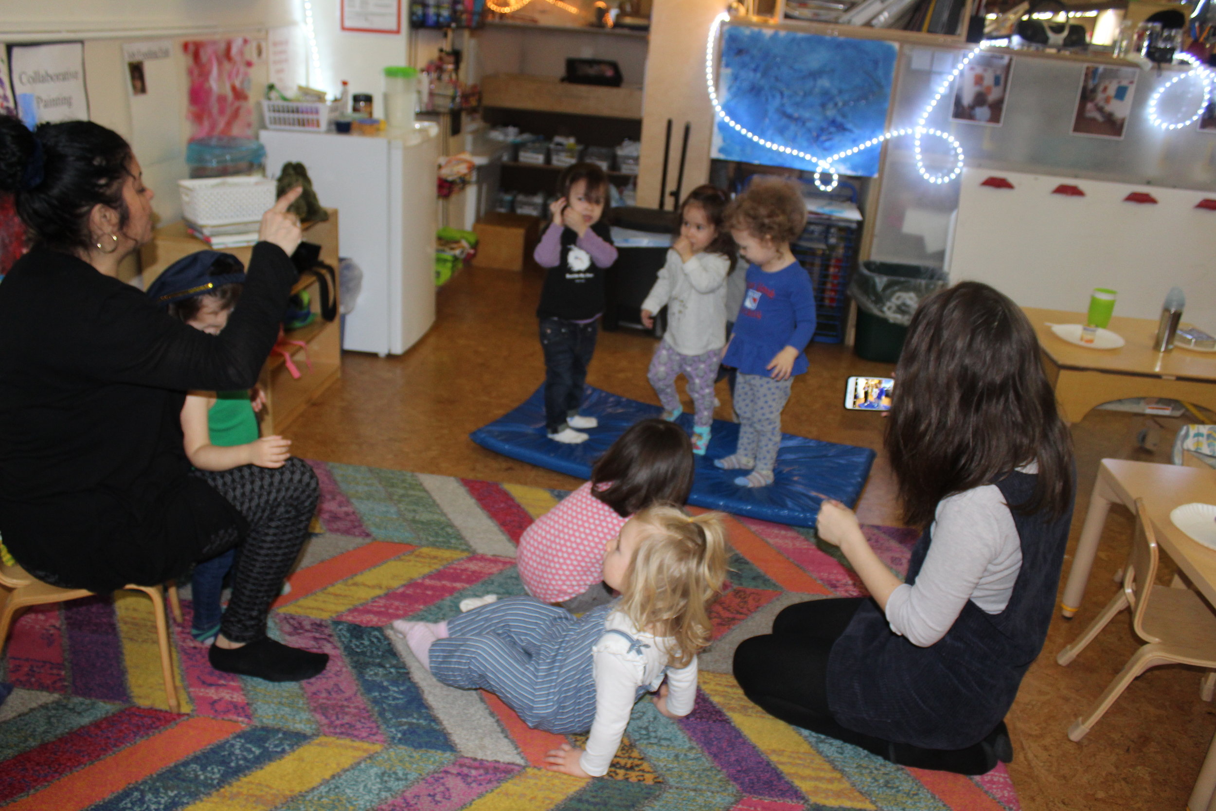  During circle time, we sang the good morning song, 7 days in a week, and what's the weather out today.&nbsp;&nbsp;We also sang a few songs and acted out one song, 5 Little Monkeys Jumping on the Bed.&nbsp;&nbsp;We used a mat to represent the bed, an